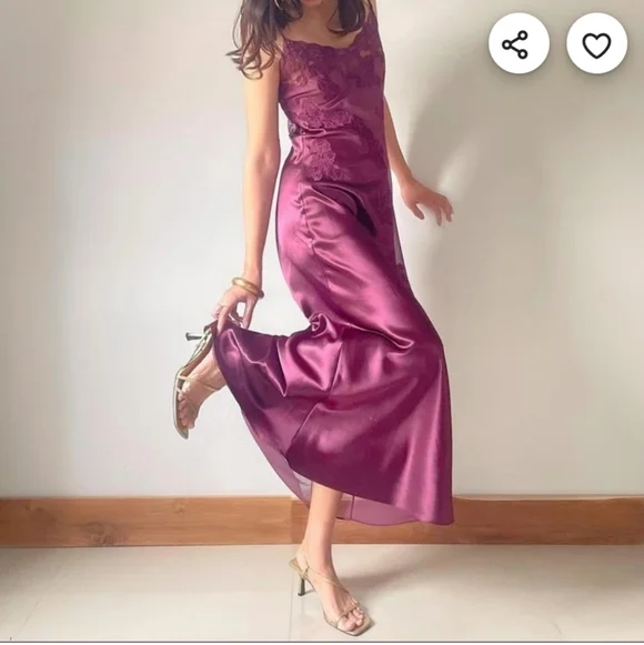 Vintage Romantic Dark Mulberry Satin Slip Gown Frederick's of Hollywood Large - Picture 3 of 12